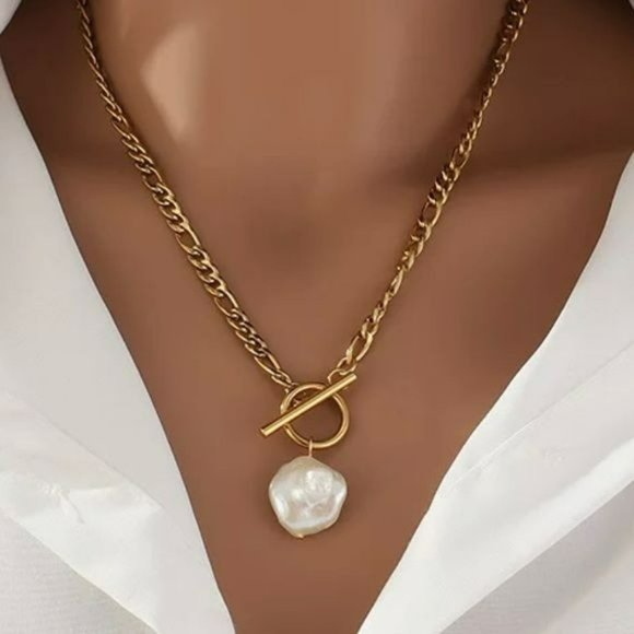 18K Gold Plated Chain Link Baroque‎ Freshwater Pearl Pendant Necklace 17..5in - Picture 2 of 10